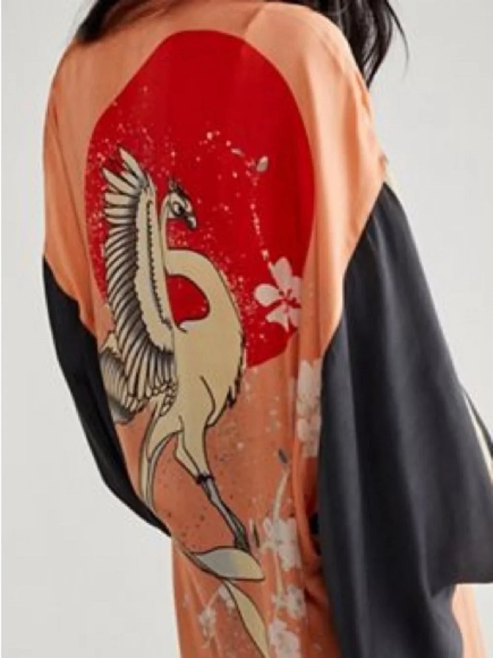 Free People Peach Crane Print Kimono Tunic with Black Sleeves